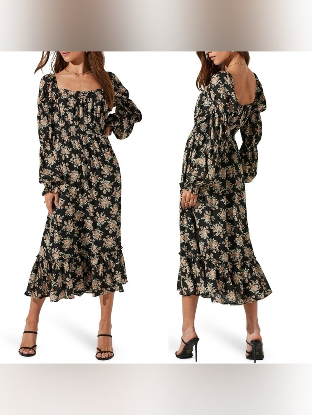 ASTR Smocked Square-Neck Black Cream Floral Long Sleeve Maxi Dress- L